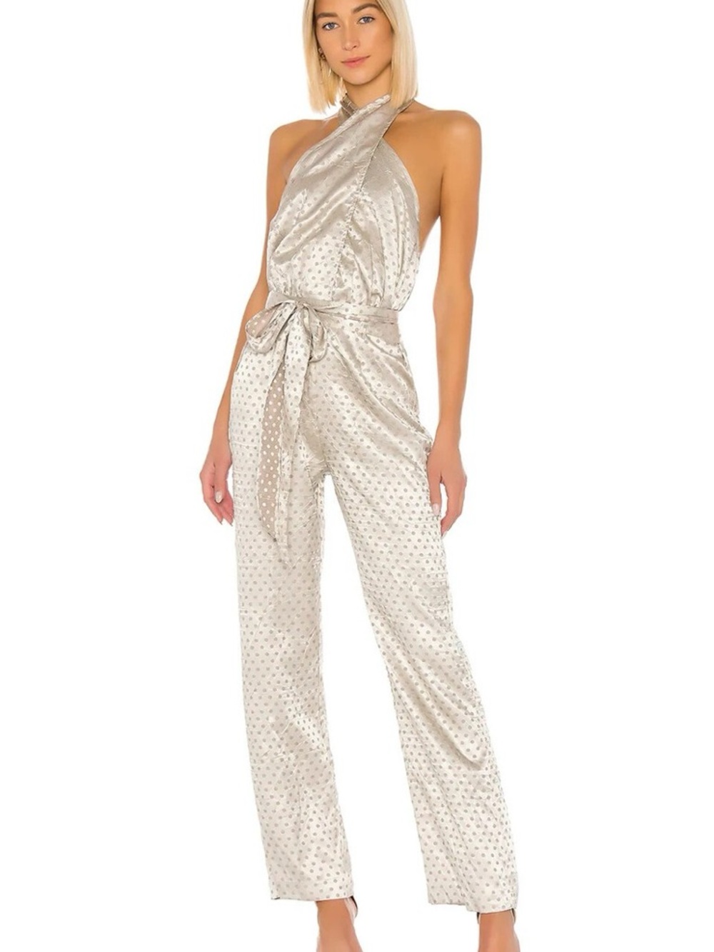 LPA Glenda Dusty Gold Polka Dot Satin Halter Tie-Waist Jumpsuit in Champagne
